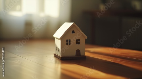 Closeup of small little toy house on table. Concept of buying real estate. © Alena