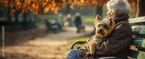 фотографія A tender scene of an elderly lady and her Yorkie sharing a moment in the autumn sun, concept: enduring companionship