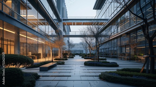 a courtyard with trees and plants in front of glass walls