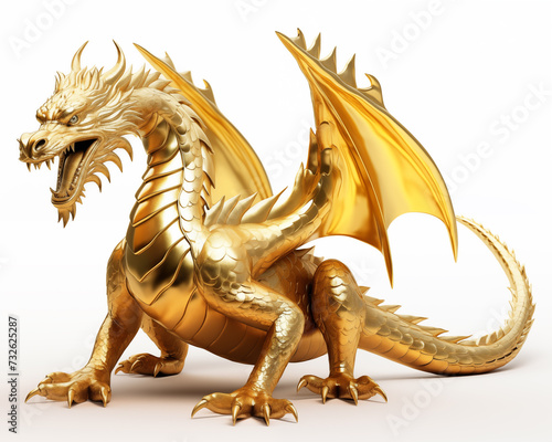 Majestic golden dragon statue isolated on a white background. 3D rendered image with intricate details and realistic scales. Perfect for fantasy  mythology  or medieval concepts.