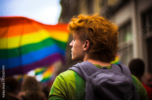 Gay pride parade, young man , rainbow flag on the background, lgbt community vote for equality and freedom