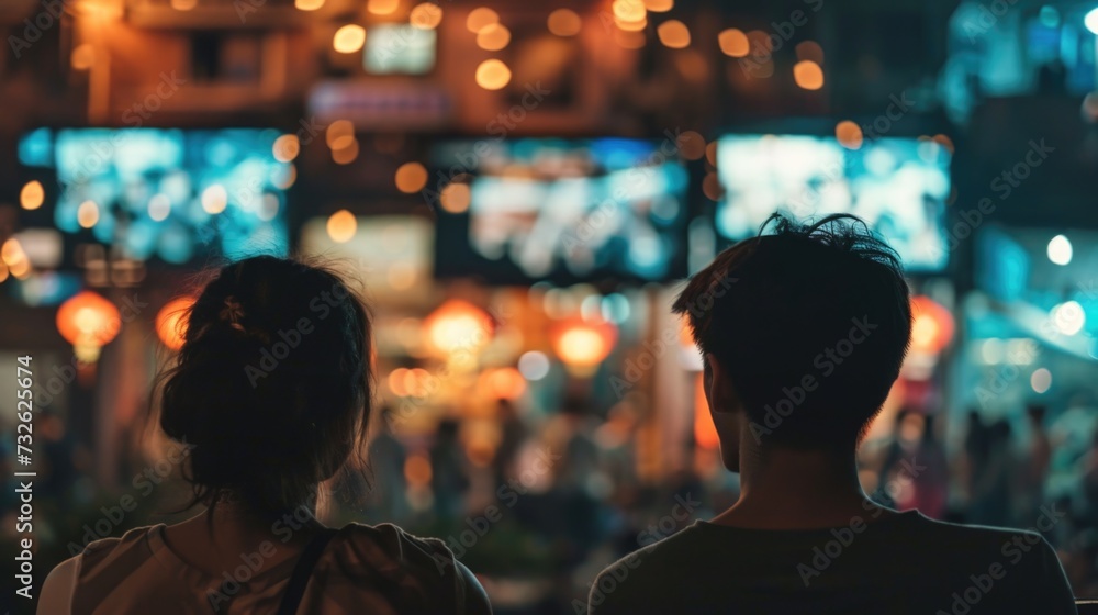 A young couple is captivated by the lively atmosphere of a bustling night market.