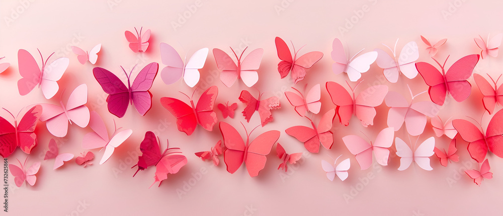 pink banner with free space for Mother's Day or March 8, butterfly in paper cut style with space for text