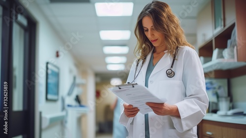 Dedicated female doctor stands, attentively reading medical charts and documents for the purpose of providing effective medical treatment and care with precision and focus.