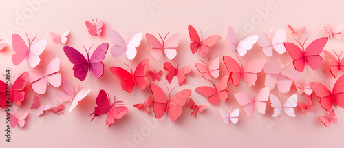 pink banner with free space for Mother's Day or March 8, butterfly in paper cut style with space for text
