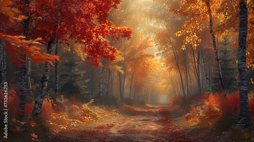 Crisp autumn morning, golden sunlight filtering through a canopy of red, orange, and yellow leaves, a peaceful forest path