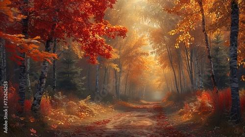 Crisp autumn morning, golden sunlight filtering through a canopy of red, orange, and yellow leaves, a peaceful forest path