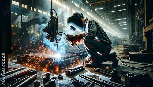 Metal welder working with arc welding machine and using mig mag welder constructions to weld steel at factory. photo