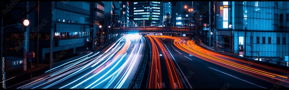 Obraz premium Bustling City Street at Night with Traffic Light Trails