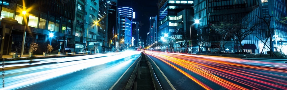Cityscape at night with streaks of traffic lights and illuminated buildings.