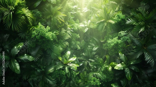 Dense rainforest canopy from above  a sea of green leaves pierced by sunlight  revealing the complex layers of the ecosystem 
