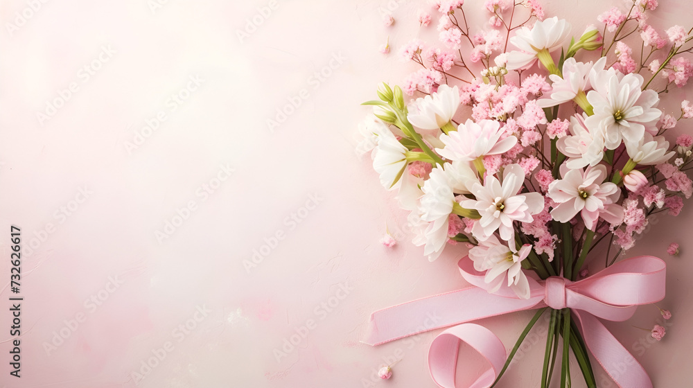 copy space card or banner for mother's day or eighth of march on a pink background pink flowers with place for text