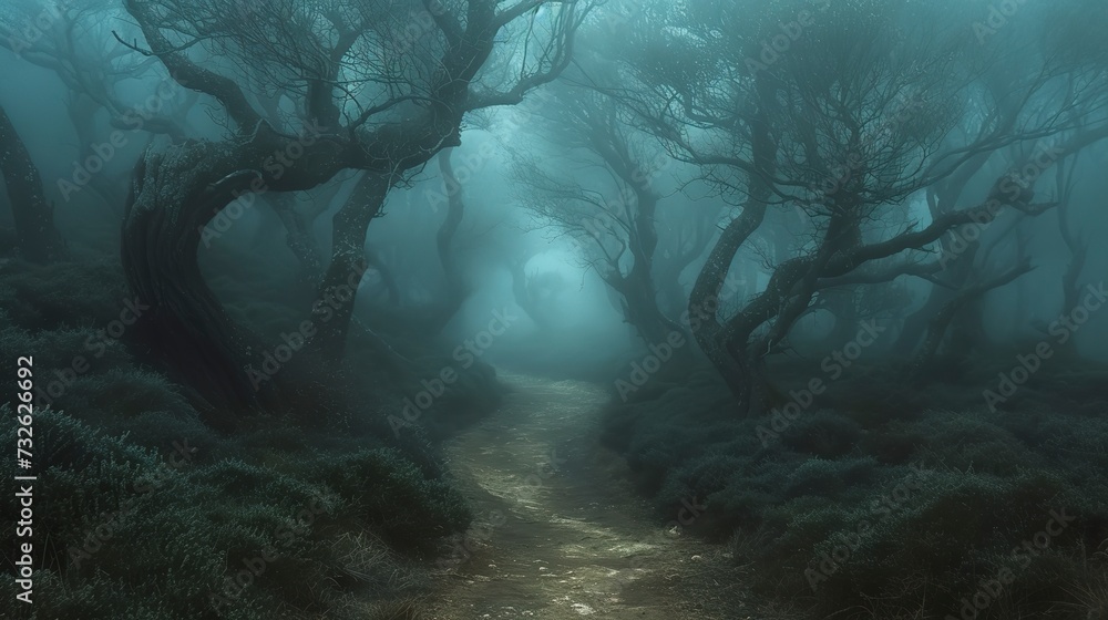 Deserted pathway through a ha unted forest, fog creeping between twisted trees, an air of mystery and ancient secrets