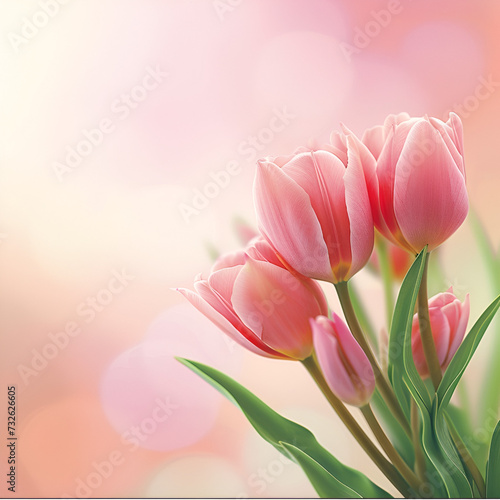 banner for March 8th with copy space, pink tulips on a pink background with petals and space for text