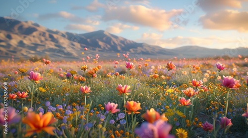 Desert wildflowers blooming after rare rainfall, a sudden burst of life and color against the stark, sandy backdrop