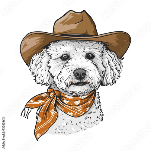 Bichon Frise Dog Head wearing cowboy hat and bandana around neck photo