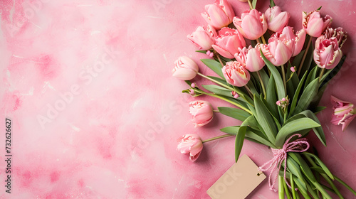 banner for March 8th with copy space, pink tulips on a pink background with petals and space for text #732626627