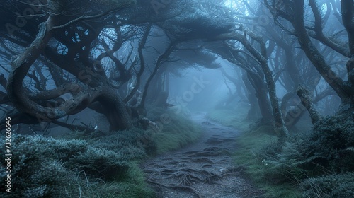 Deserted pathway through a ha unted forest, fog creeping between twisted trees, an air of mystery and ancient secrets 