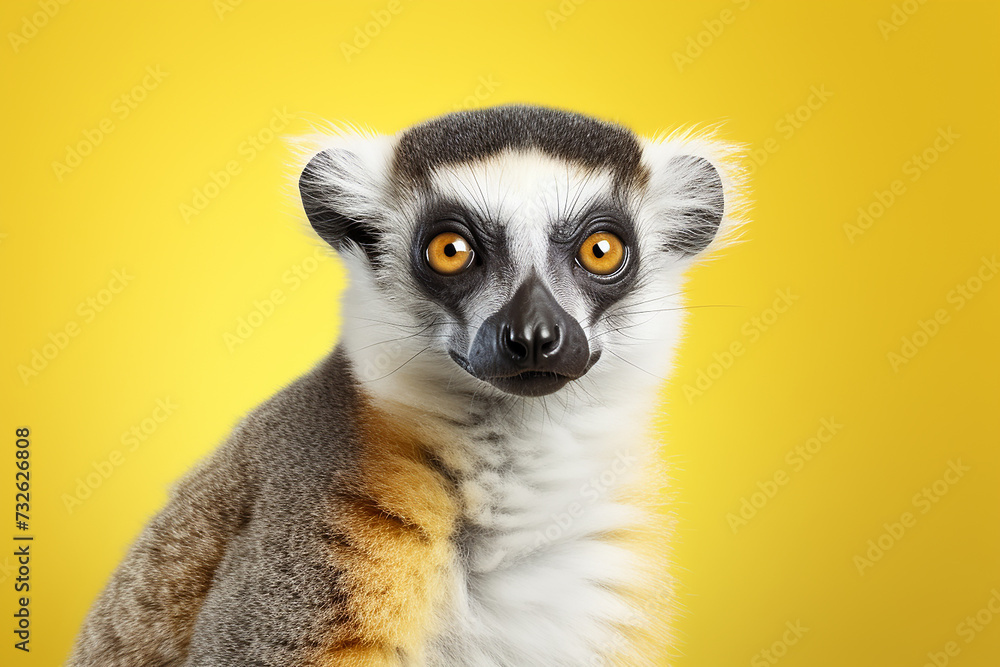 Cute lemur close-up on plain background - obrazy, fototapety, plakaty 