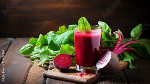 Fresh beets juice in glass on a grey wooden background