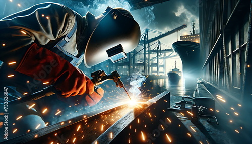 Metal welder working with arc welding machine and using mig mag welder constructions to weld steel at factory.