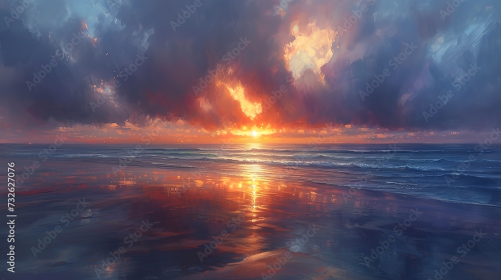 Dramatic beachscape at sunset, dark clouds parting to reveal a fiery sun setting into the ocean, reflections on wet sand  - obrazy, fototapety, plakaty 
