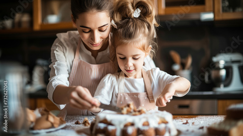 a mother cooking a cake with her little girls  realistic photo