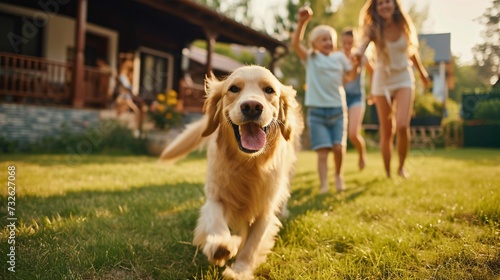 a dog running on grass with kids in background