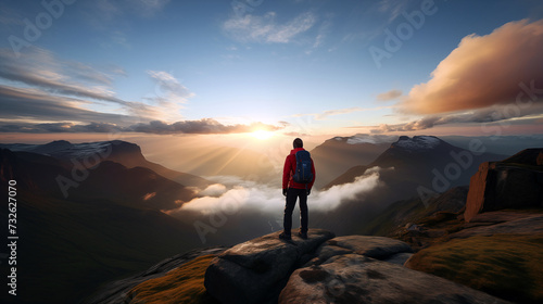 Hiker standing on top of a mountain and looking at the sunrise