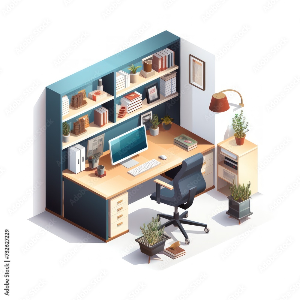 Modern office room isometric illustration featuring a monitor, bookshelf, and work desk Modern office room isometric illustration featuring a monitor, bookshelf, and work desk