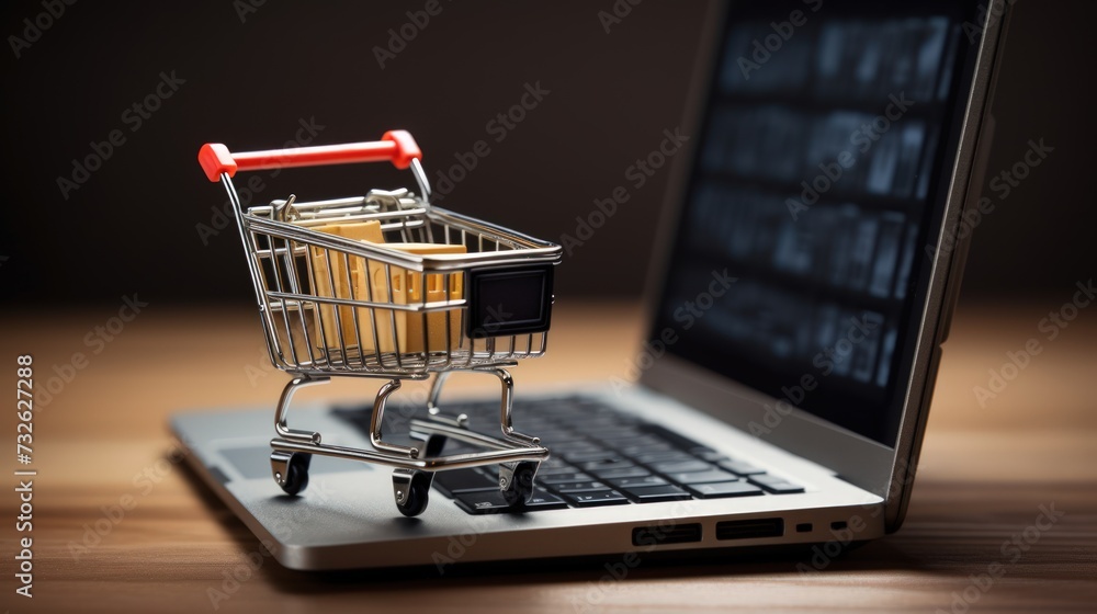 Online shopping concept with a miniature shopping cart displayed in front of a laptop.
