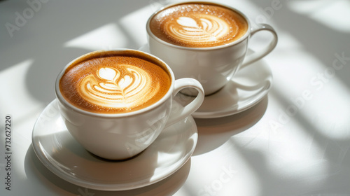 two cups of cappuccino on a wooden table