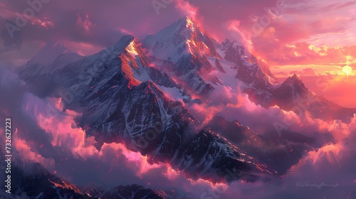Dramatic mountain range capped with snow, clouds clinging to the peaks, sun setting in the background casting pink hues 