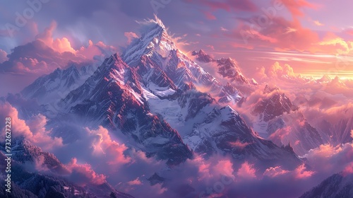 Dramatic mountain range capped with snow, clouds clinging to the peaks, sun setting in the background casting pink hues 