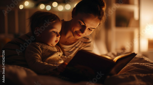 a mother reads stories to her child, realistic photo