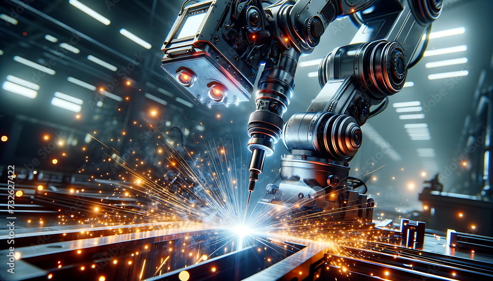 The industrial robot works automatically in a smart autonomous factory. Close-up of industrial machinery and robotic arms working on metal production. The industrial robot works automatically in a smart autonomous factory. Close-up of industrial machinery and robotic arms working on metal production.