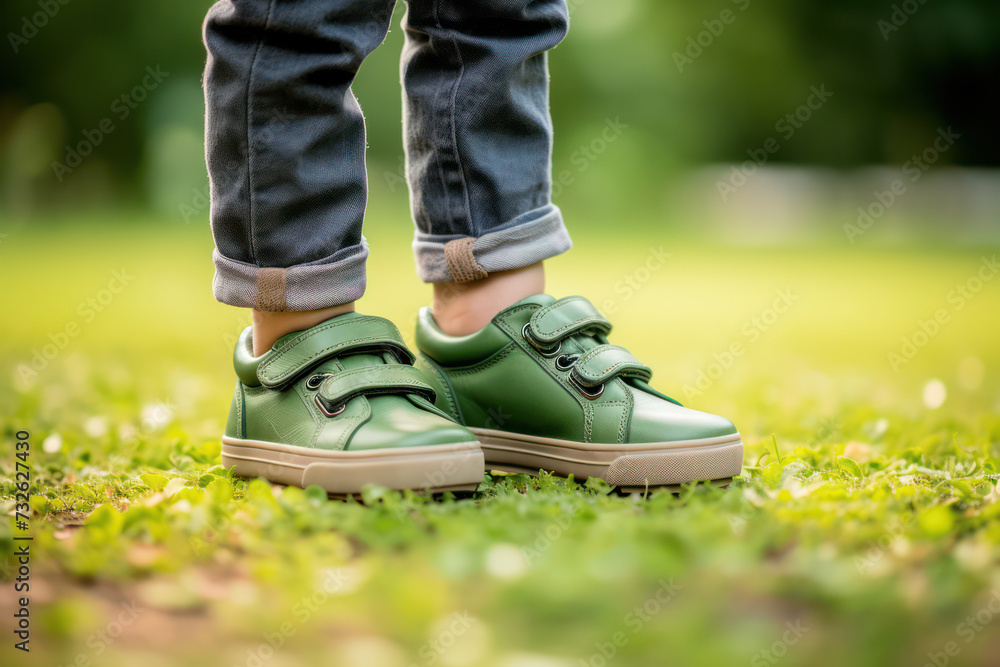 Playful Childhood Adventures: Boy's Little Feet in White Sneakers Walking on Green Grass in a Beautiful Park Playful Childhood Adventures: Boy's Little Feet in White Sneakers Walking on Green Grass in a Beautiful Park