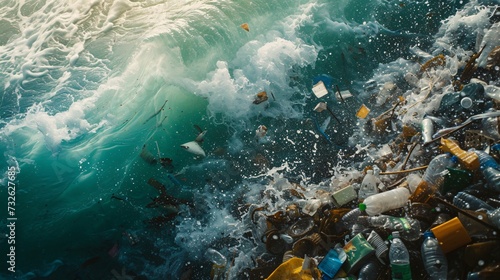 a wave crashing over a rocky shore with trash and plastic