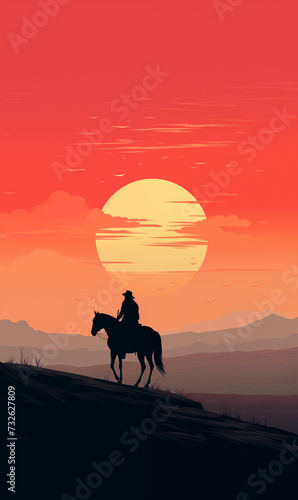 Horse rider in a beautiful arid landscape at sunset  panoramic view  vertical  illustration generated by AI 