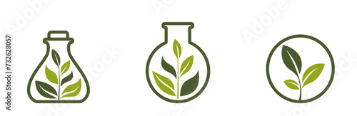 Eco icons. green leaves in flask. floral, planting and eco friendly symbols. vector illustrations in flat design