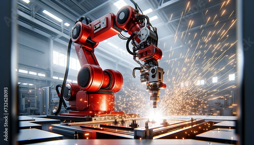The industrial robot works automatically in a smart autonomous factory. Close-up of industrial machinery and robotic arms working on metal production. photo