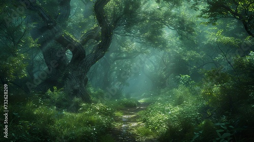 Enchanted woodland trail, ethereal light filtering through ancient trees, hints of magical creatures hidden in the foliage