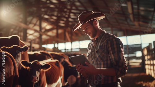 Smart farming: A dairy farmer holding a tablet device in a shed. Implementing technology in cattle farming photo