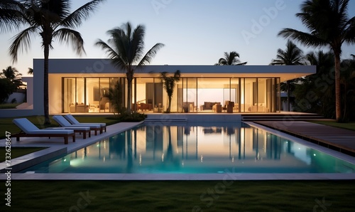Exterior of amazing modern minimalist in the garden with swimming pool © MahmudulHassan