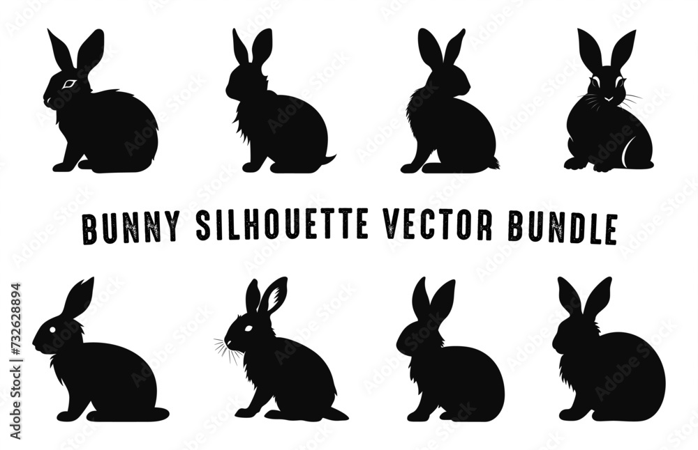 Bunny Silhouette vector set, Easter bunnies silhouettes, Different Rabbits black clipart bundle