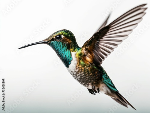AI generated illustration of A vibrant green and blue hummingbird in mid-flight,
