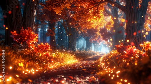 Fantasy forest path lined with glowing, magical autumn trees, a mystical journey through an enchanted fall landscape © Thanthara