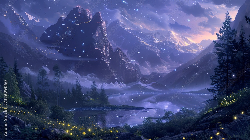 Naklejka premium Fantasy-inspired enchanted mountains, glowing flora, mystical creatures visible in the twilight, a scene from a magical realm