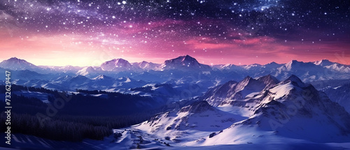 Winter landscape snow mountain with night sky star