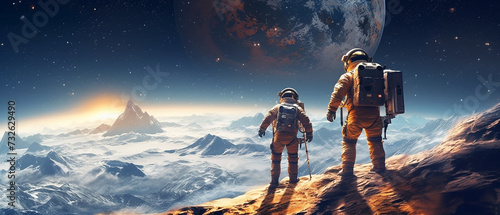Astronaut in spacesuit standing on fantasy planet